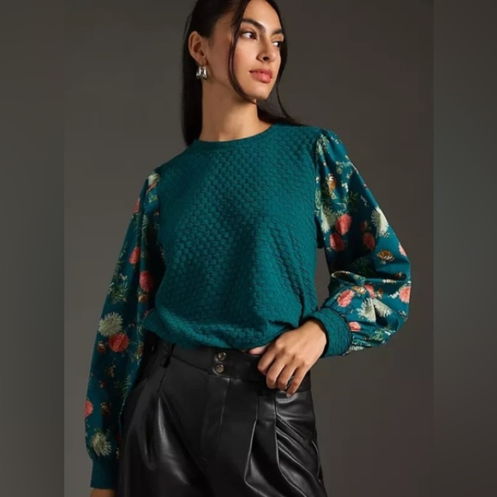 Anthropologie Teal Textured Blouse with Floral Sleeves